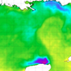 A contour map of sea surface temperatures in the Gulf of Mexico on May 26, 2022; the Loop Current is clearly visible in yellow at center right.